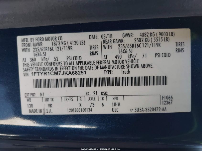 2018 Ford Transit-250 VIN: 1FTYR1CM7JKA68251 Lot: 43997486