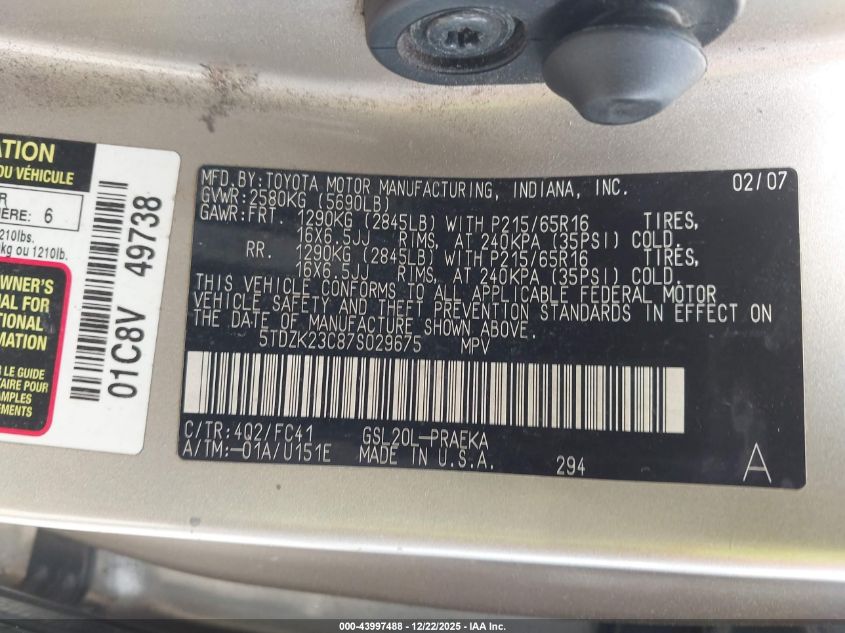 2007 Toyota Sienna Le VIN: 5TDZK23C87S029675 Lot: 43997488