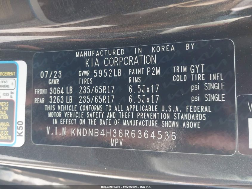 2024 Kia Carnival Mpv Lx Seat Package VIN: KNDNB4H36R6364536 Lot: 43997489