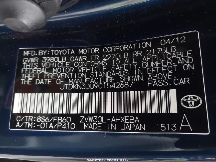 2012 Toyota Prius VIN: JTDKN3DU9C1542687 Lot: 43997492