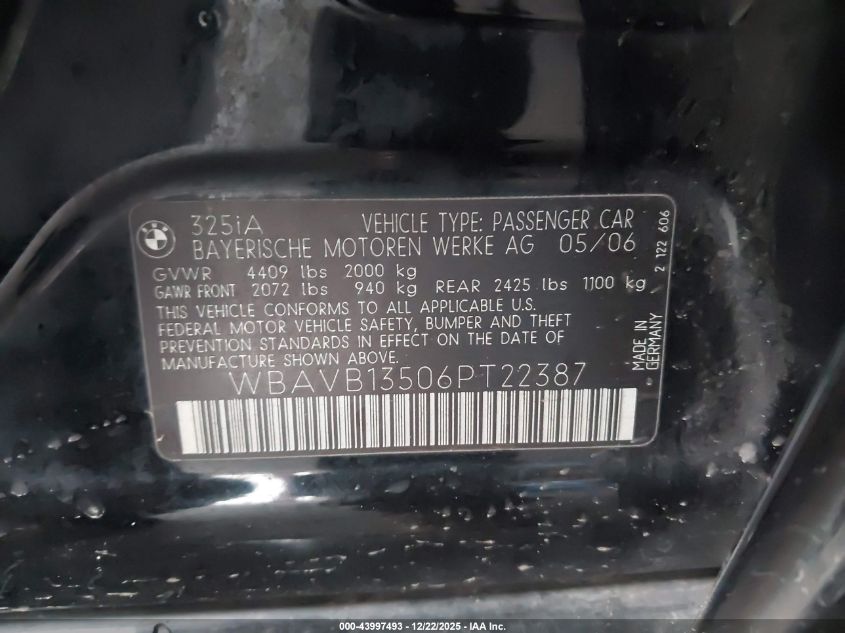 2006 BMW 325I VIN: WBAVB13506PT22387 Lot: 43997493