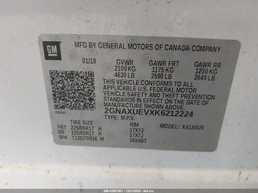 2019 Chevrolet Equinox Lt VIN: 2GNAXUEVXK6212224 Lot: 43997501