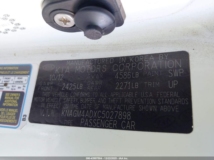 2012 Kia Optima Hybrid Ex VIN: KNAGM4ADXC5027898 Lot: 43997504