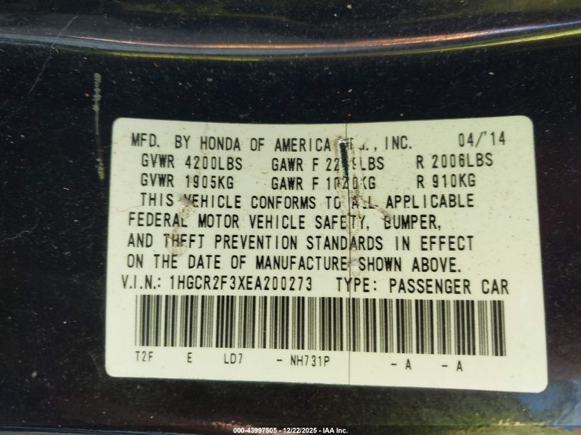 2014 Honda Accord Lx VIN: 1HGCR2F3XEA200273 Lot: 43997505