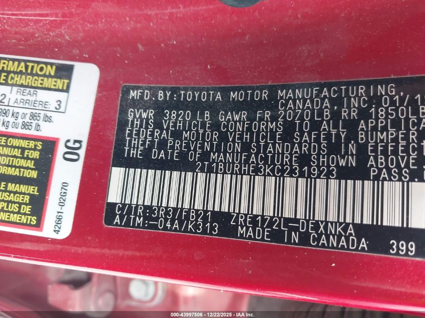 2019 Toyota Corolla Le VIN: 2T1BURHE3KC231923 Lot: 43997506