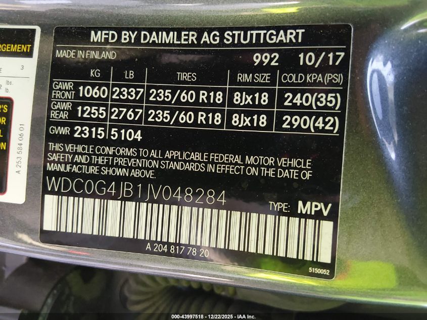 2018 Mercedes-Benz Glc 300 VIN: WDC0G4JB1JV048284 Lot: 43997518