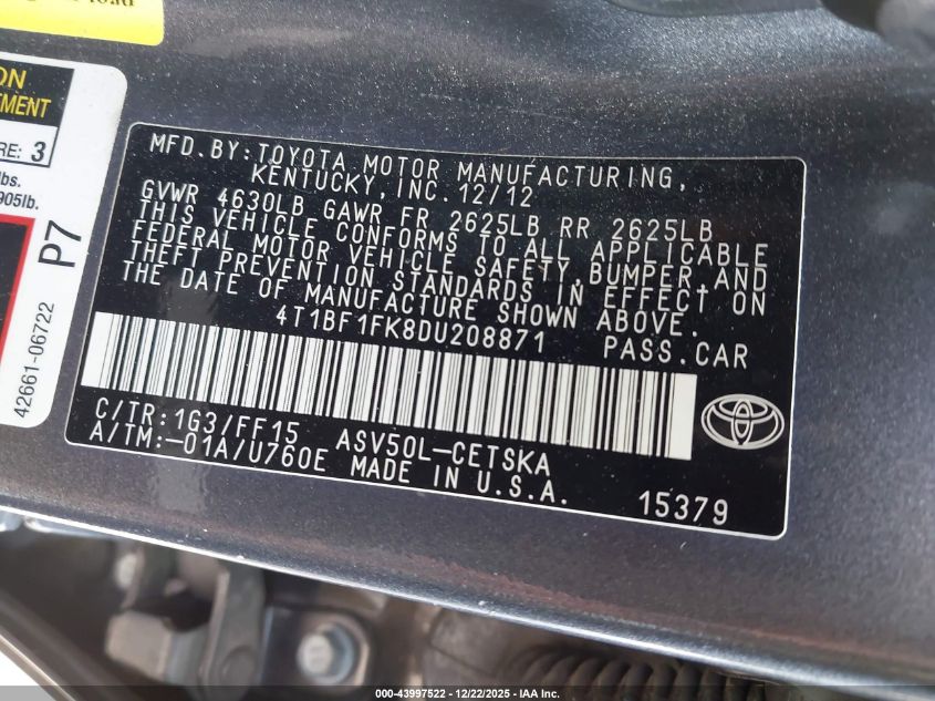 2013 Toyota Camry Se VIN: 4T1BF1FK8DU208871 Lot: 43997522