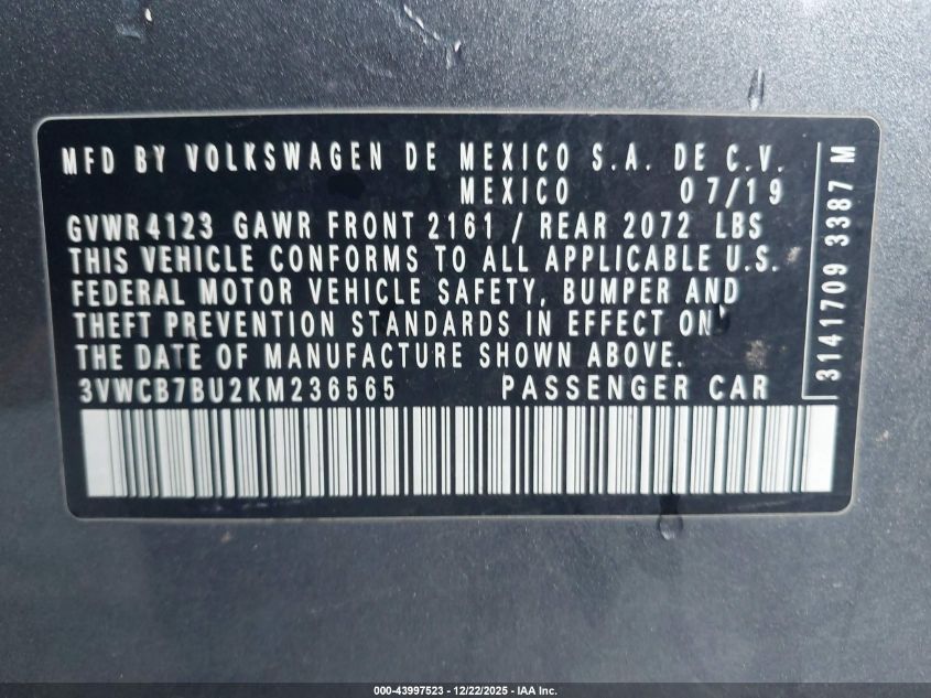 2019 Volkswagen Jetta 1.4T R-Line/1.4T S/1.4T Se VIN: 3VWCB7BU2KM236565 Lot: 43997523