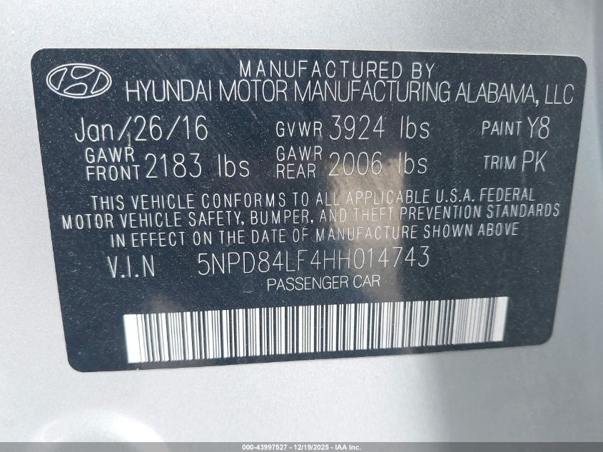 2017 Hyundai Elantra Se VIN: 5NPD84LF4HH014743 Lot: 43997527