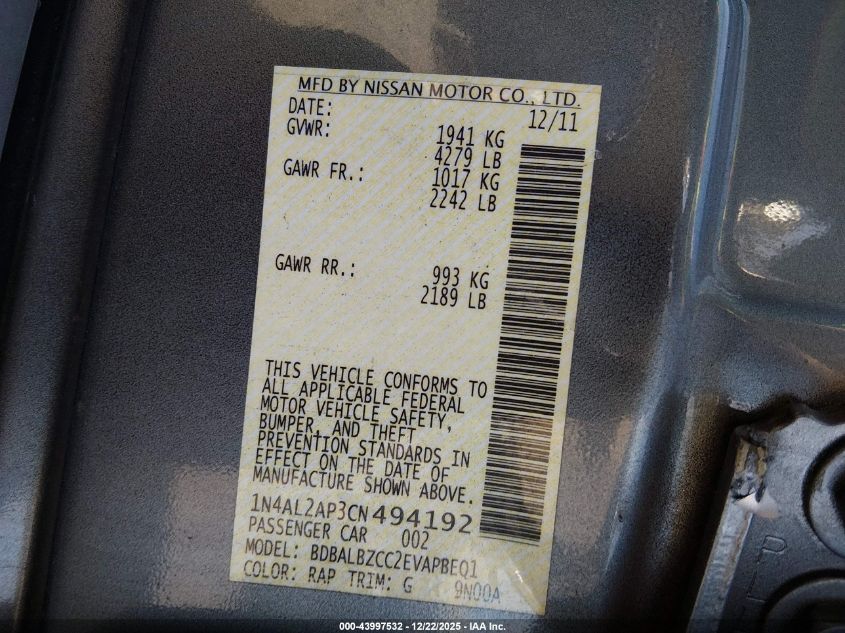 2012 Nissan Altima 2.5 S VIN: 1N4AL2AP3CN494192 Lot: 43997532