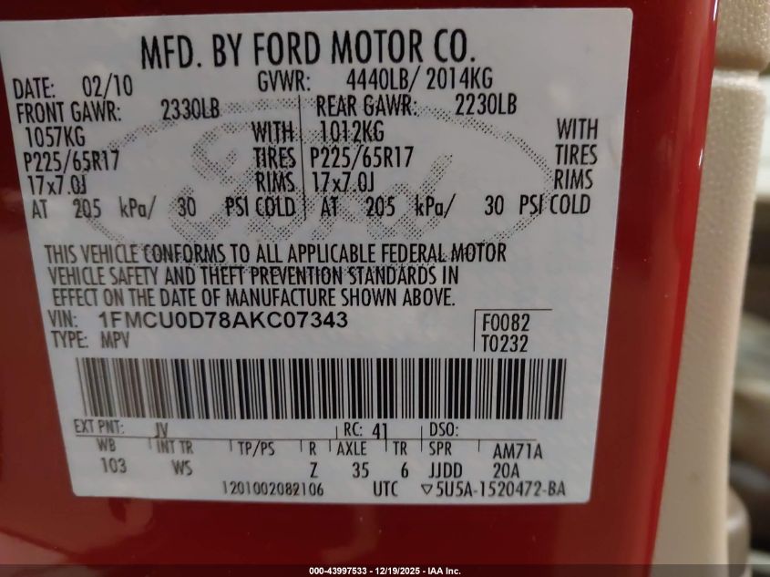 2010 Ford Escape Xlt VIN: 1FMCU0D78AKC07343 Lot: 43997533