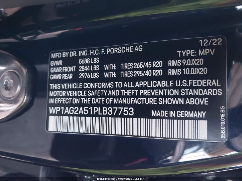 2023 Porsche Macan S VIN: WP1AG2A51PLB37753 Lot: 43997539