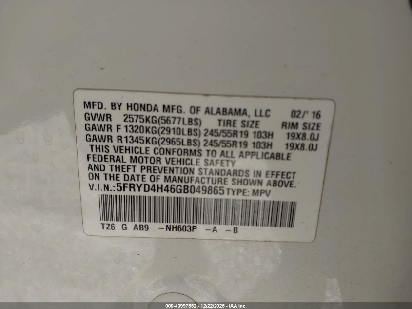 2016 Acura Mdx Technology Acurawatch Plus Packages/Technology Package VIN: 5FRYD4H46GB049865 Lot: 43997552