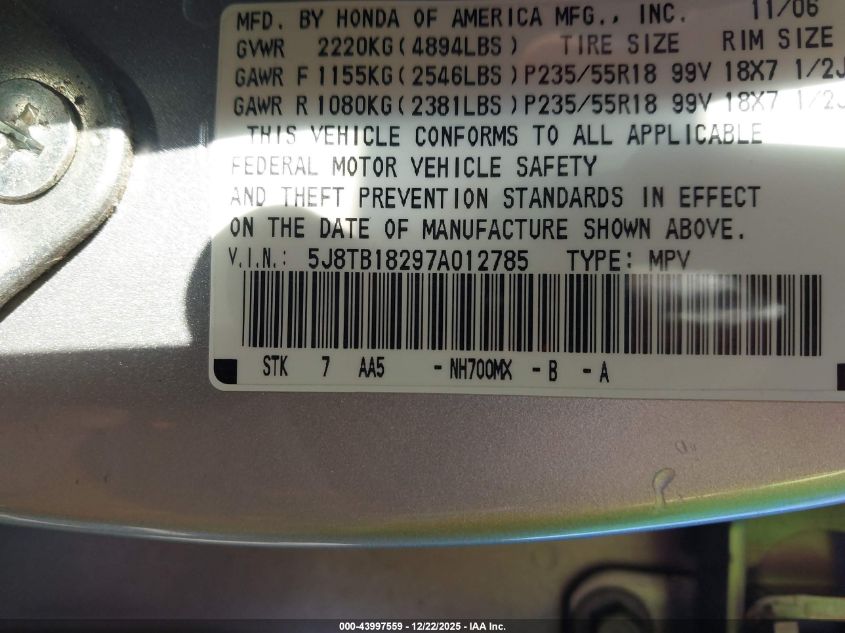 2007 Acura Rdx VIN: 5J8TB18297A012785 Lot: 43997559