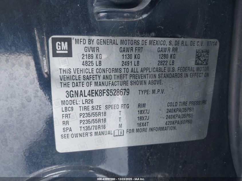 2015 Chevrolet Captiva Sport Ltz VIN: 3GNAL4EK8FS528679 Lot: 43997560