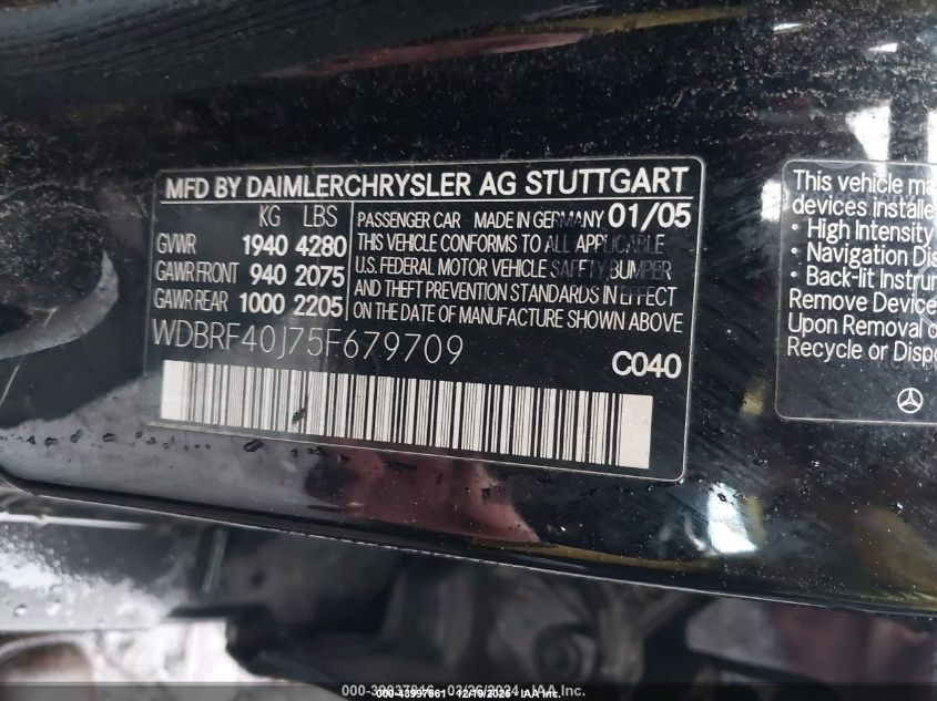 2005 Mercedes-Benz C 230 Kompressor Sport VIN: WDBRF40J75F679709 Lot: 43997561