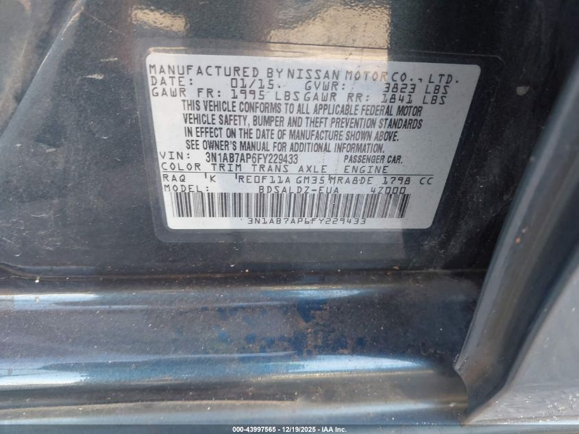 2015 Nissan Sentra Fe+ S/S/Sl/Sr/Sv VIN: 3N1AB7AP6FY229433 Lot: 43997565