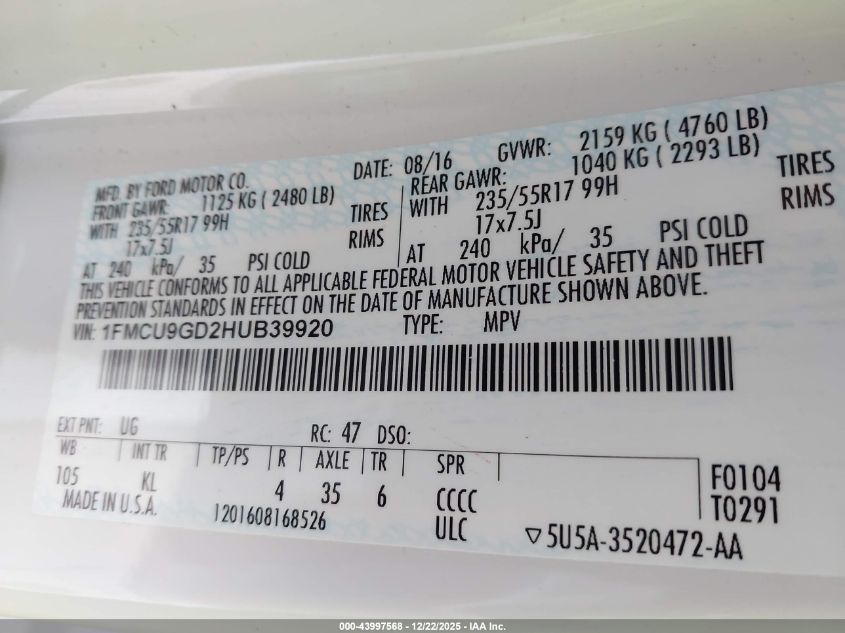 2017 Ford Escape Se VIN: 1FMCU9GD2HUB39920 Lot: 43997568