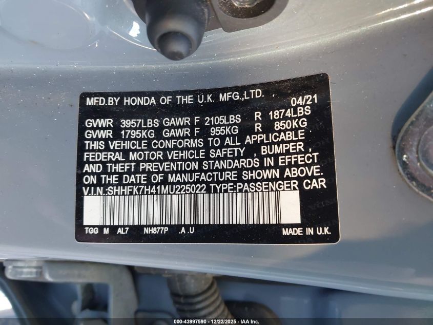 2021 Honda Civic Sport VIN: SHHFK7H41MU225022 Lot: 43997590