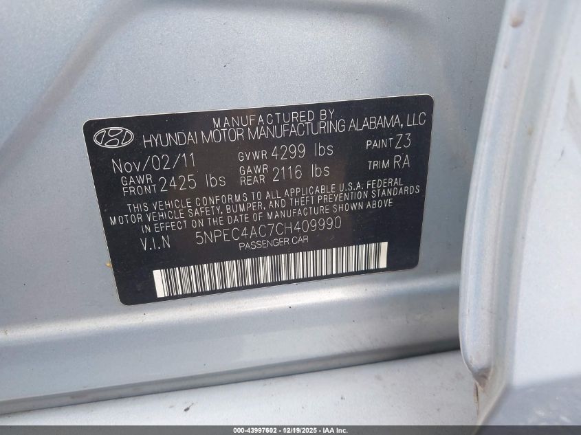 2012 Hyundai Sonata Limited VIN: 5NPEC4AC7CH409990 Lot: 43997602
