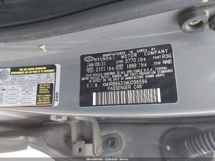 2021 Hyundai Venue Se VIN: KMHRB8A31MU096594 Lot: 43997609