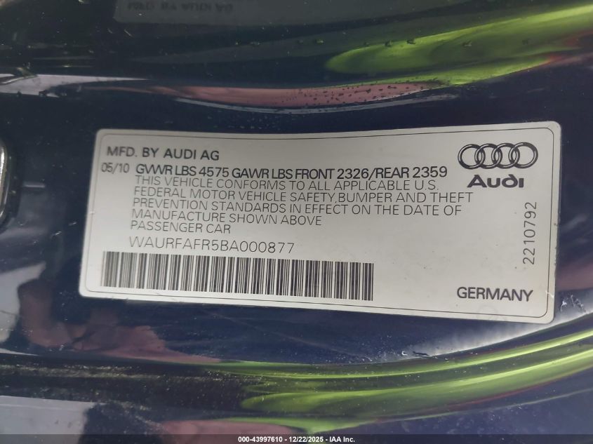 2011 Audi A5 2.0T Premium VIN: WAURFAFR5BA000877 Lot: 43997610