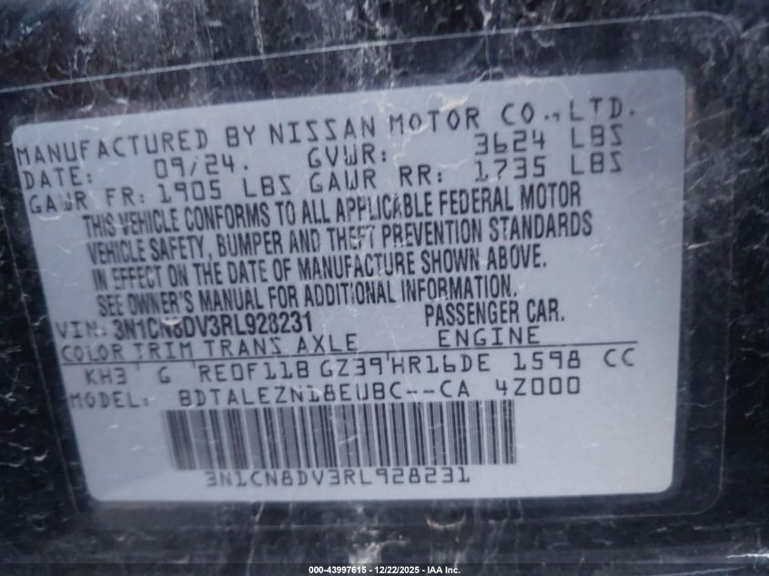 2024 Nissan Versa 1.6 S VIN: 3N1CN8DV3RL928231 Lot: 43997615