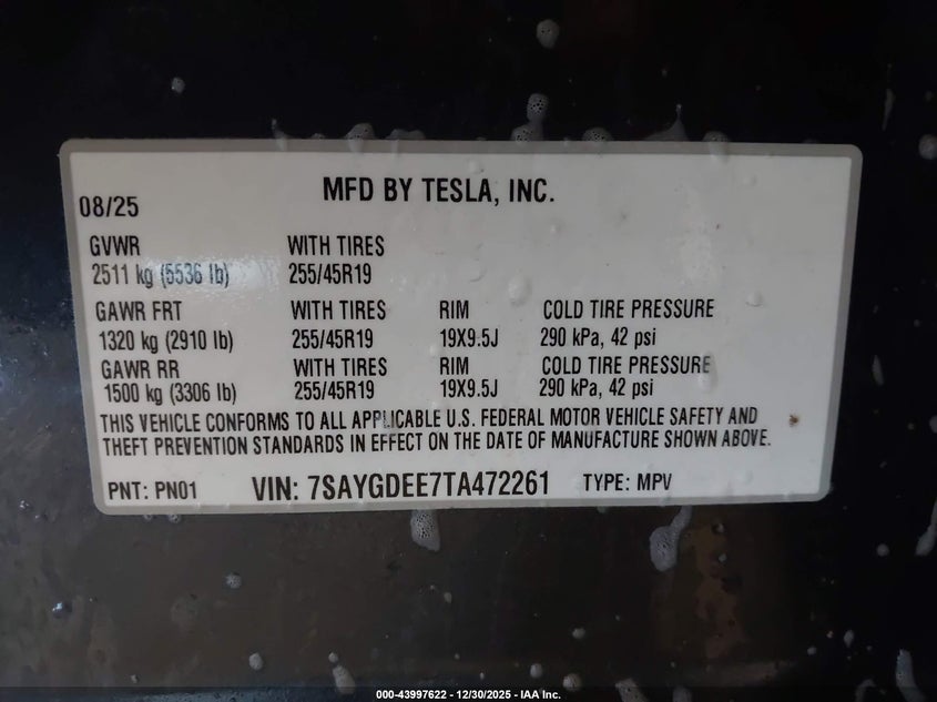 VIN 7SAYGDEE7TA472261 2026 TESLA MODEL Y LONG RANGE LAUNCH SERIES/PREMIUM ALL-WHEEL DRIVE