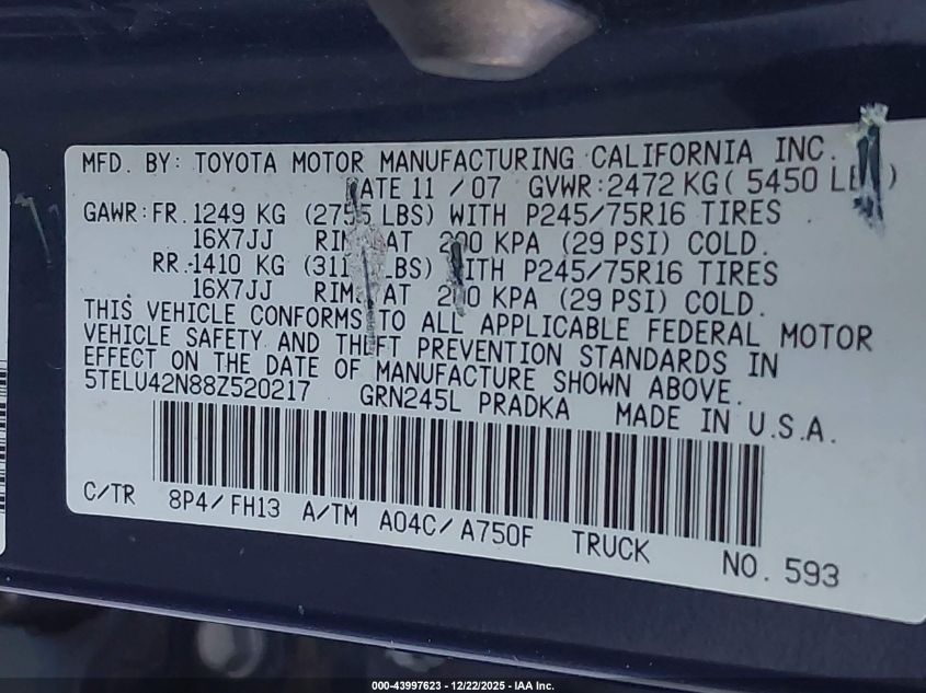 2008 Toyota Tacoma Base V6 VIN: 5TELU42N88Z520217 Lot: 43997623