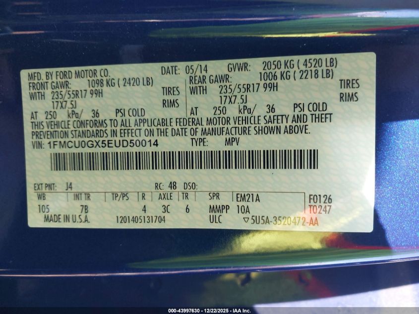 2014 Ford Escape Se VIN: 1FMCU0GX5EUD50014 Lot: 43997630