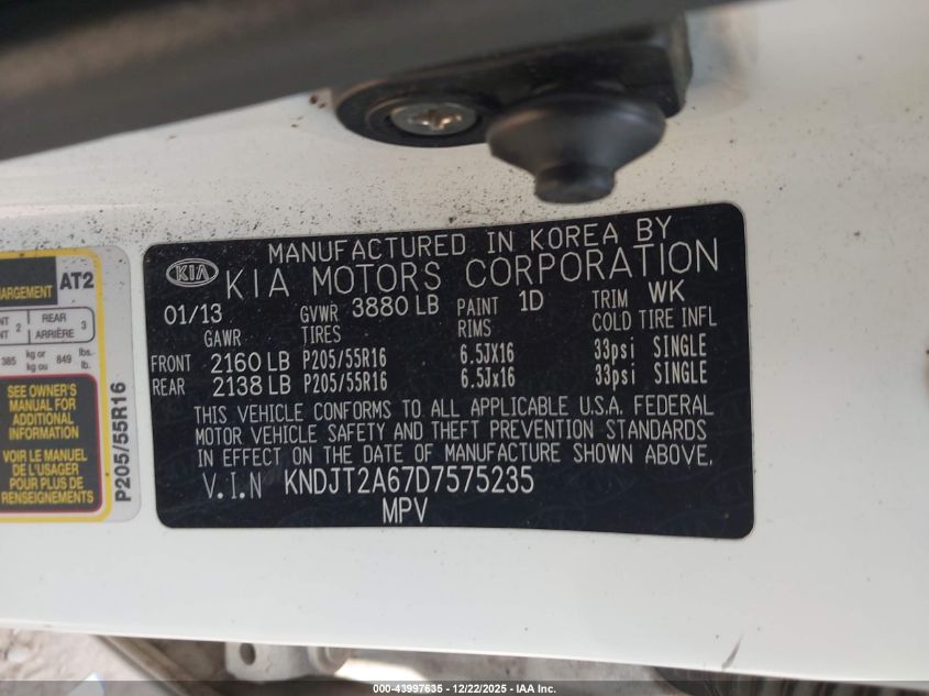 2013 Kia Soul + VIN: KNDJT2A67D7575235 Lot: 43997635