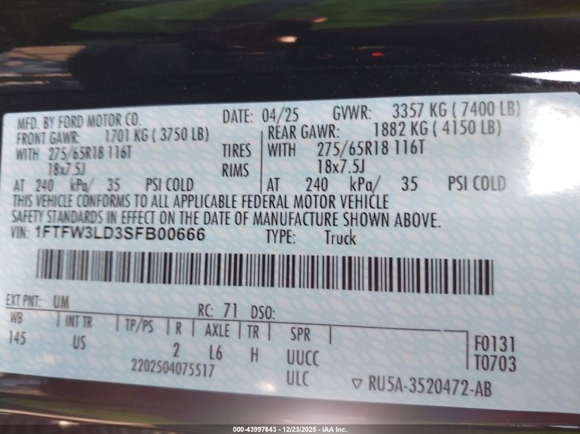 2025 Ford F-150 - 1FTFW3LD3SFB00666