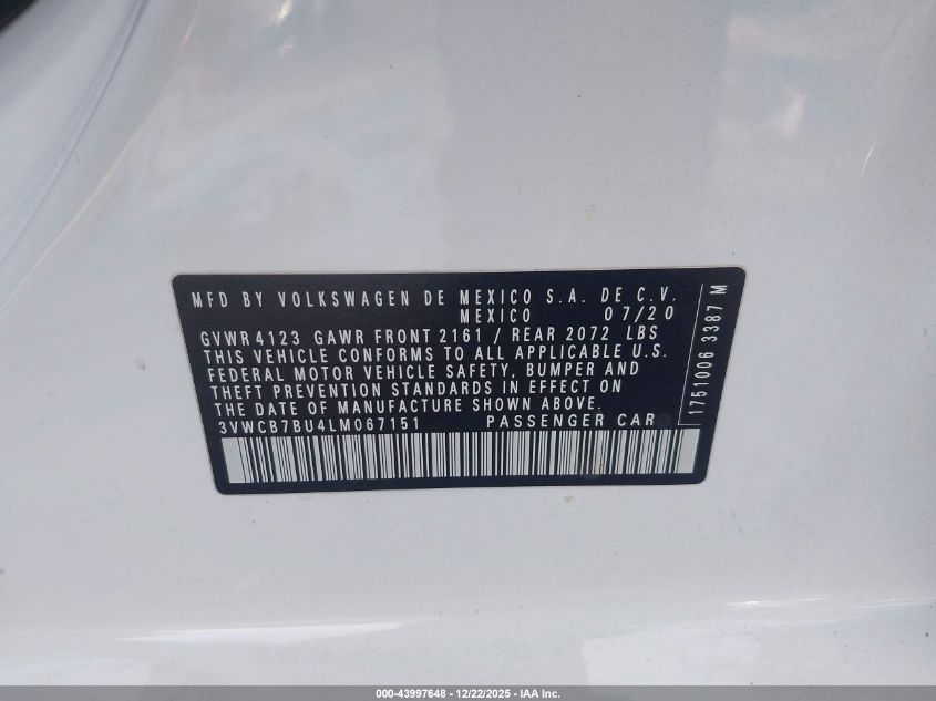 2020 Volkswagen Jetta 1.4T R-Line/1.4T S/1.4T Se VIN: 3VWCB7BU4LM067151 Lot: 43997648