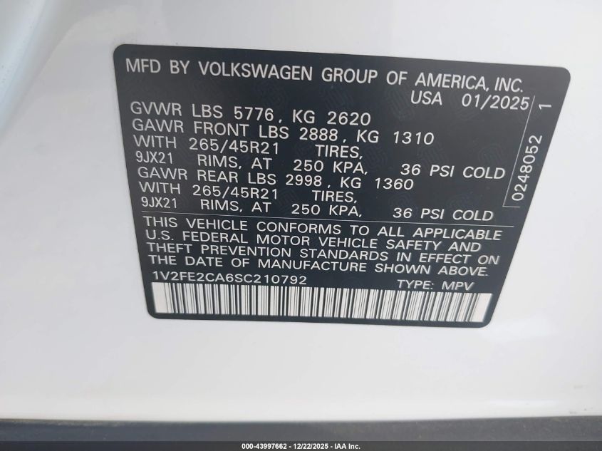 2025 Volkswagen Atlas Cross Sport 2.0T Sel Premium R-Line VIN: 1V2FE2CA6SC210792 Lot: 43997662