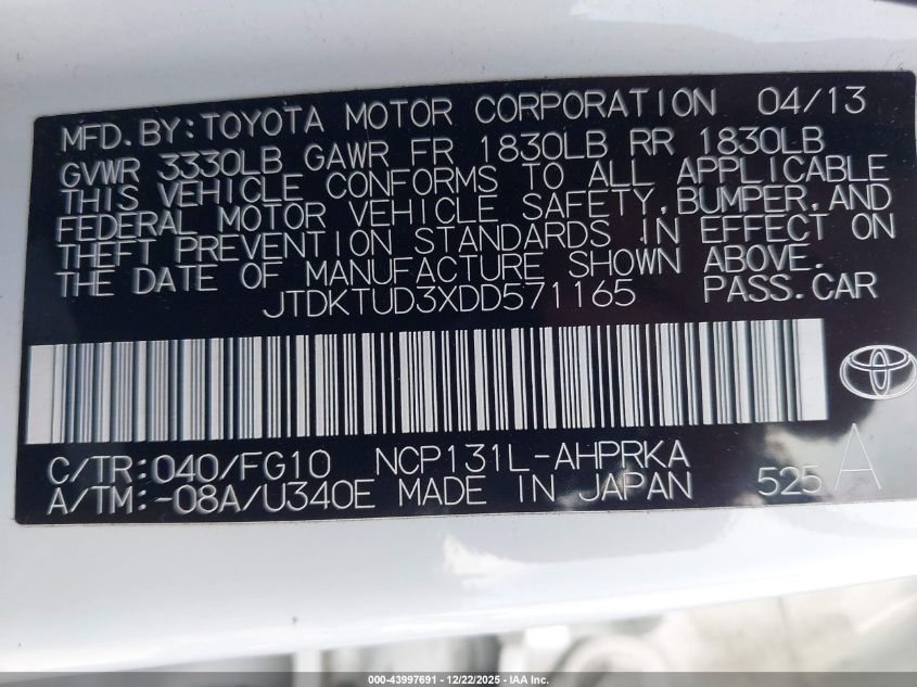 2013 Toyota Yaris Le VIN: JTDKTUD3XDD571165 Lot: 43997691