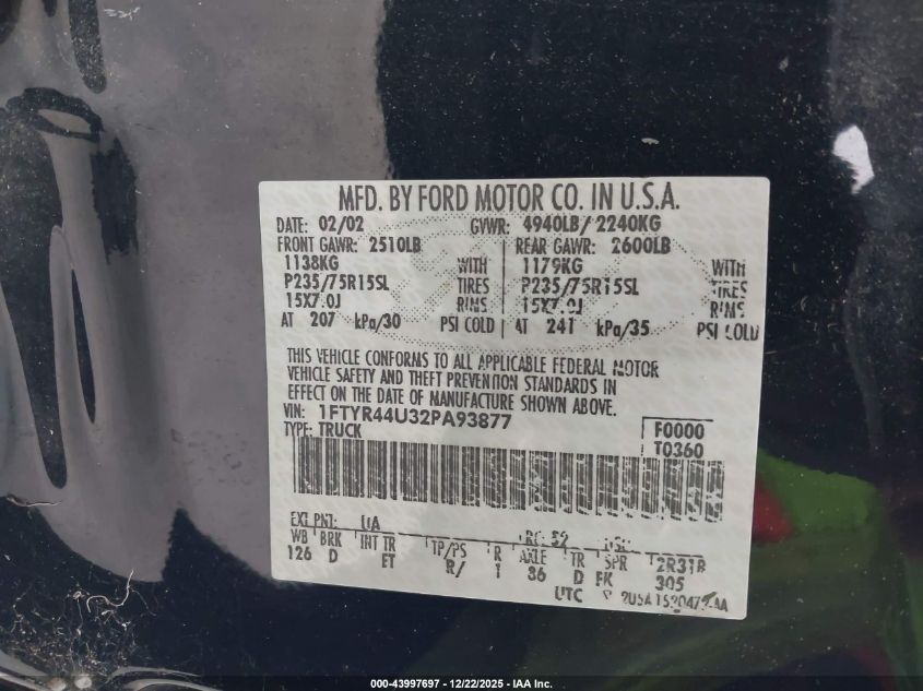 2002 Ford Ranger Edge/Tremor/Xlt VIN: 1FTYR44U32PA93877 Lot: 43997697