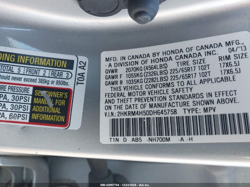 2013 Honda Cr-V Ex VIN: 2HKRM4H50DH645758 Lot: 43997704