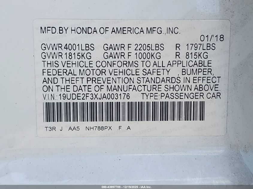 2018 Acura Ilx Acurawatch Plus Package VIN: 19UDE2F3XJA003176 Lot: 43997709