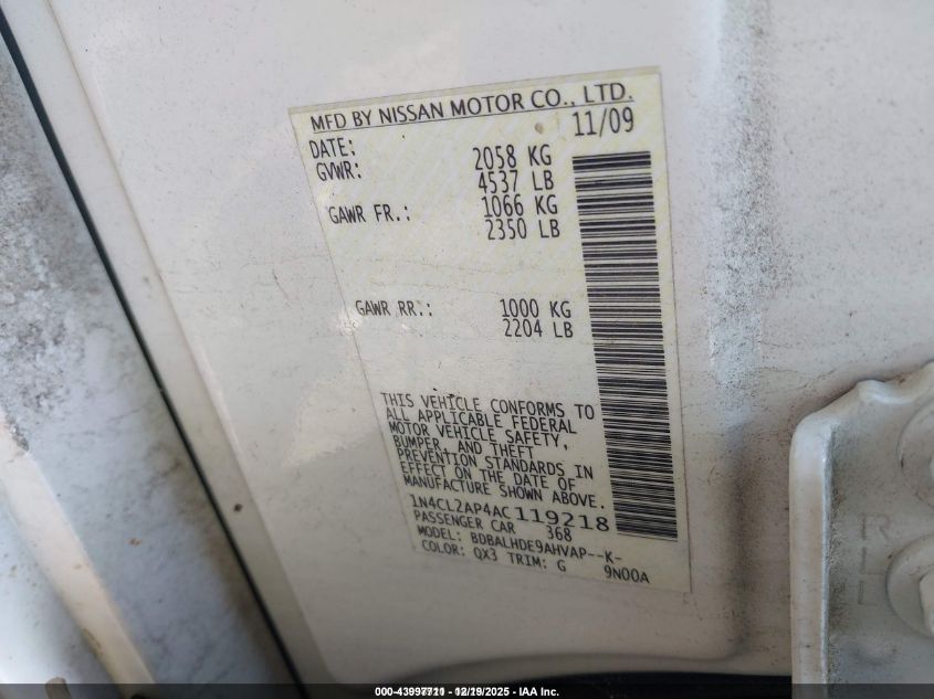 2010 Nissan Altima Hybrid VIN: 1N4CL2AP4AC119218 Lot: 43997711