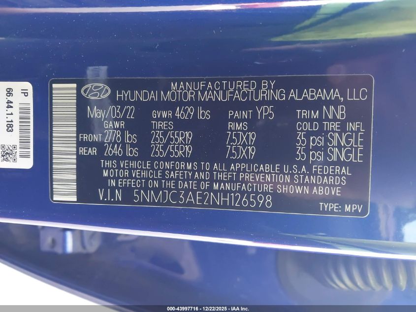 2022 Hyundai Tucson Sel VIN: 5NMJC3AE2NH126598 Lot: 43997716