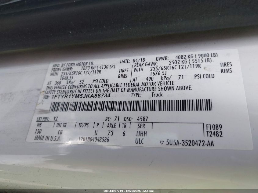 2018 Ford Transit-250 VIN: 1FTYR1YM5JKA88734 Lot: 43997719