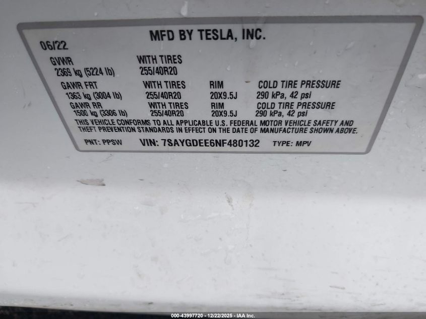 2022 Tesla Model Y Long Range Dual Motor All-Wheel Drive VIN: 7SAYGDEE6NF480132 Lot: 43997720