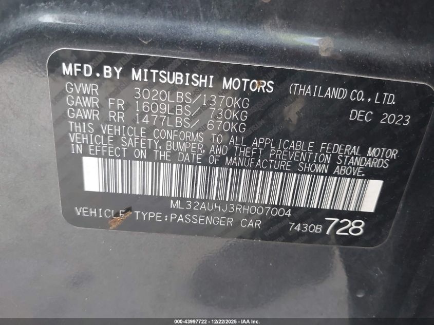 2024 Mitsubishi Mirage Es/Le VIN: ML32AUHJ3RH007004 Lot: 43997722