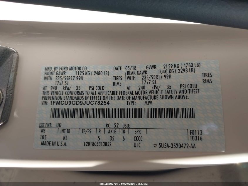 2018 Ford Escape Se VIN: 1FMCU9GD9JUC78254 Lot: 43997725