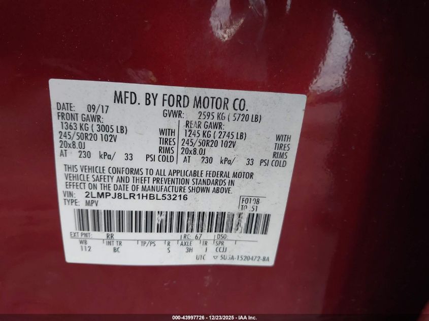 2017 Lincoln Mkx Reserve VIN: 2LMPJ8LR1HBL53216 Lot: 43997726