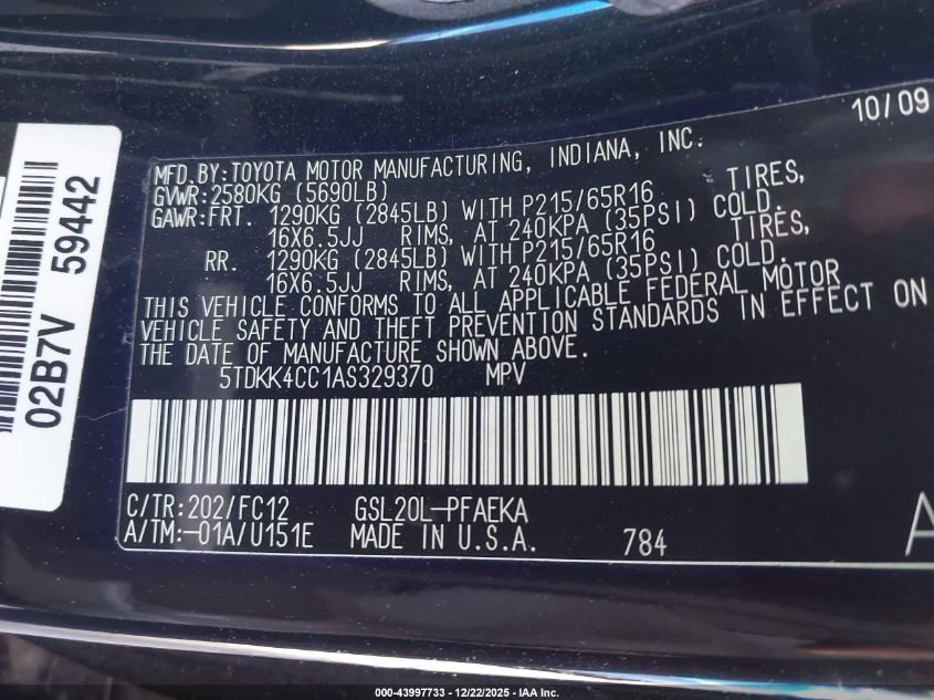 2010 Toyota Sienna Le VIN: 5TDKK4CC1AS329370 Lot: 43997733