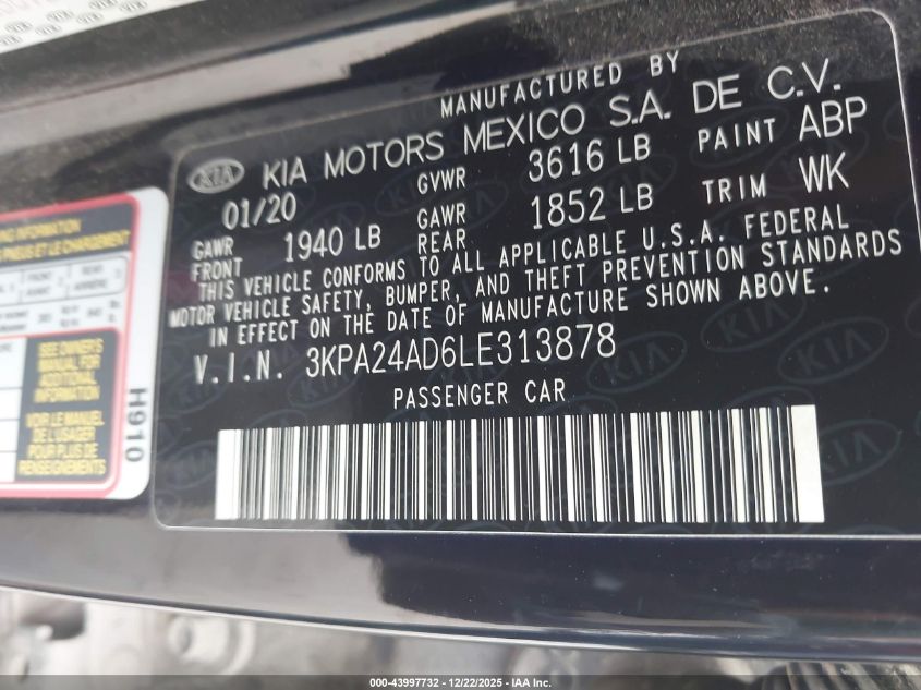 2020 Kia Rio Lx VIN: 3KPA24AD6LE313878 Lot: 43997732