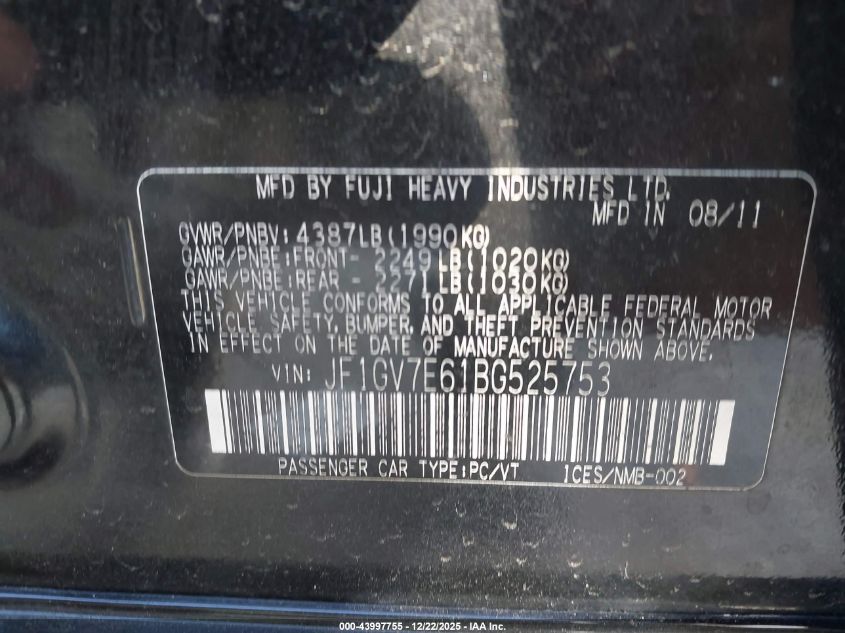 2011 Subaru Impreza Wrx VIN: JF1GV7E61BG525753 Lot: 43997755