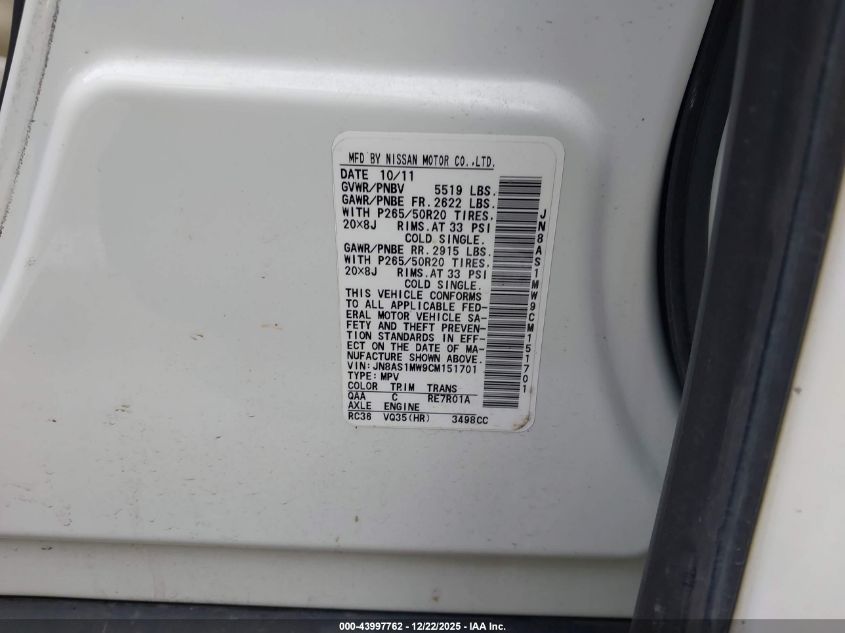 2012 Infiniti Fx35 Limited Edition VIN: JN8AS1MW9CM151701 Lot: 43997762