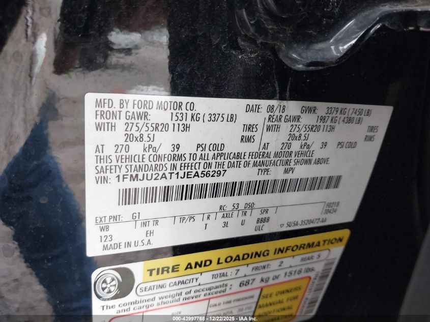 2018 Ford Expedition Limited VIN: 1FMJU2AT1JEA56297 Lot: 43997768